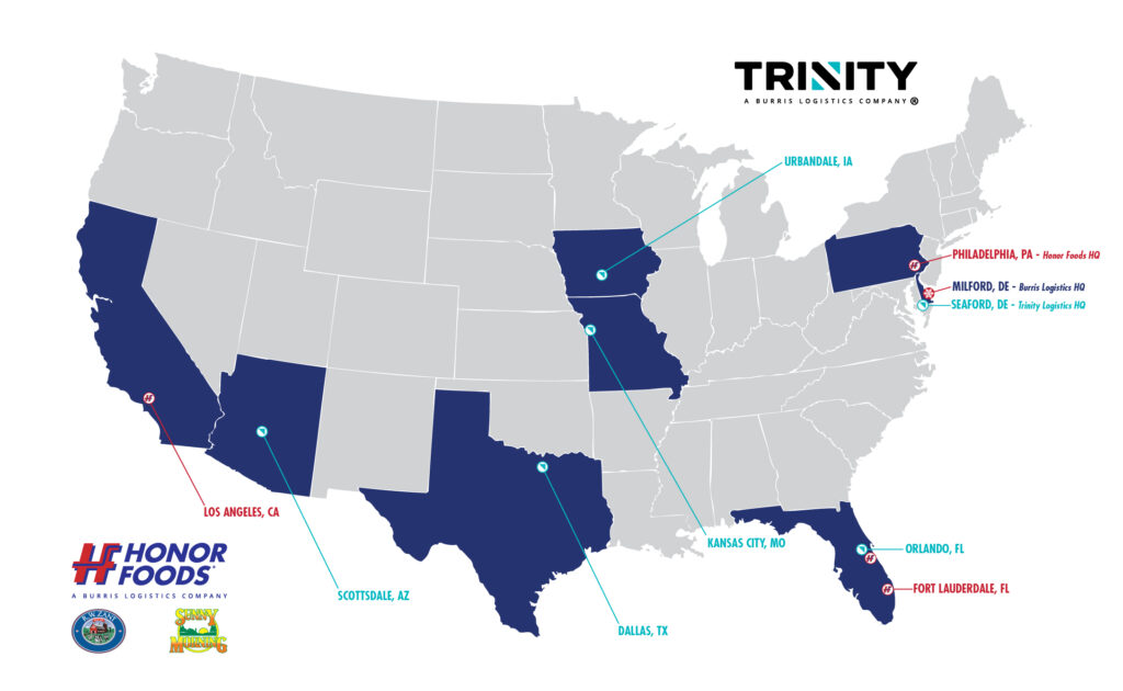 Location coverage of Burris Logistics Comapanies, Honor Foods and Trinity Logistics